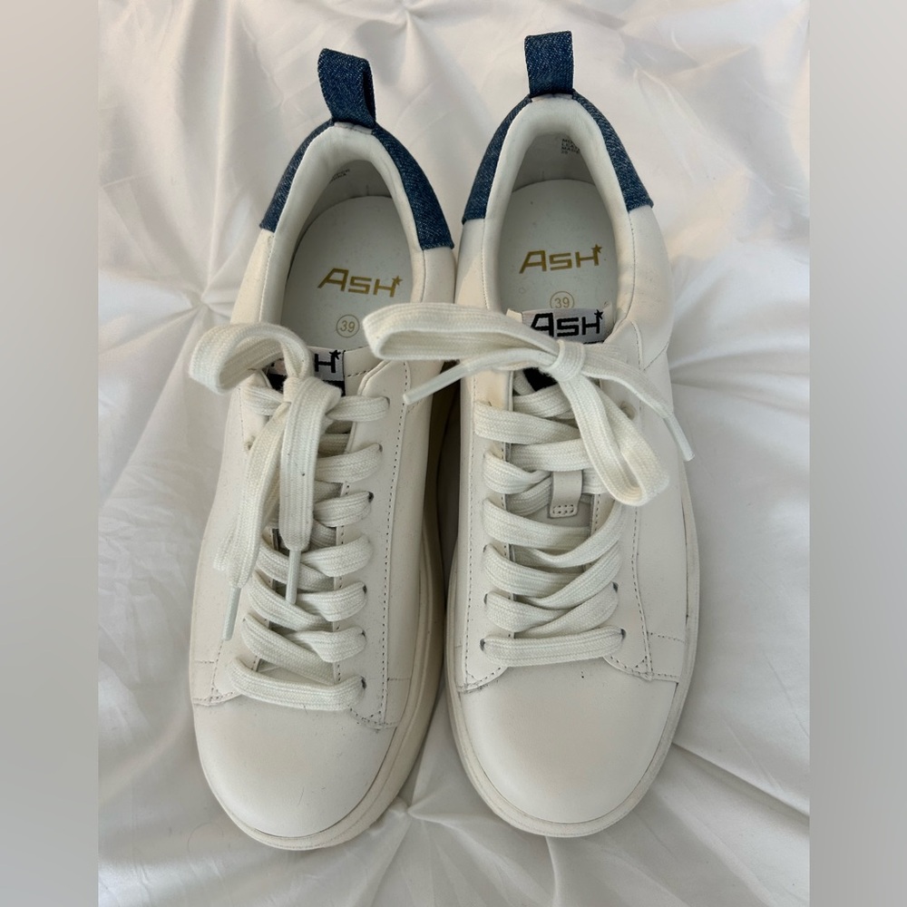 ASH White Leather Sneakers with Navy Heel Tab NWOT